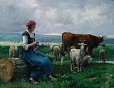 Shepherdess with Goat Sheep and Cow